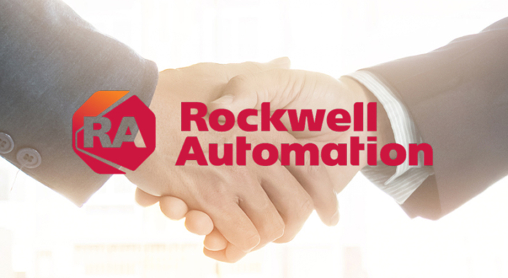 A picture of a handshake with the Rockwell Automation logo on top