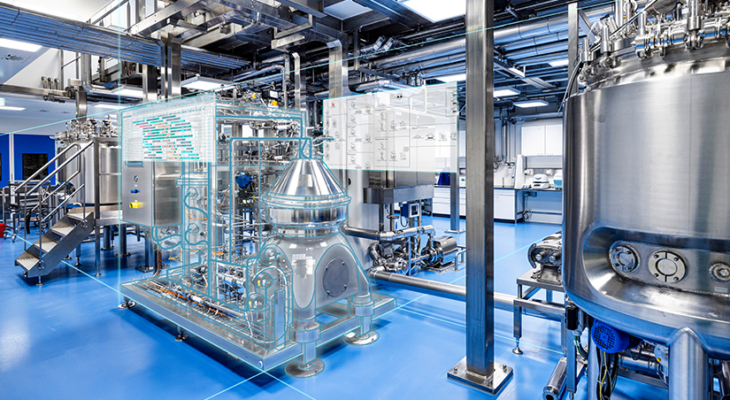 Modern industrial production plant with stainless steel tanks