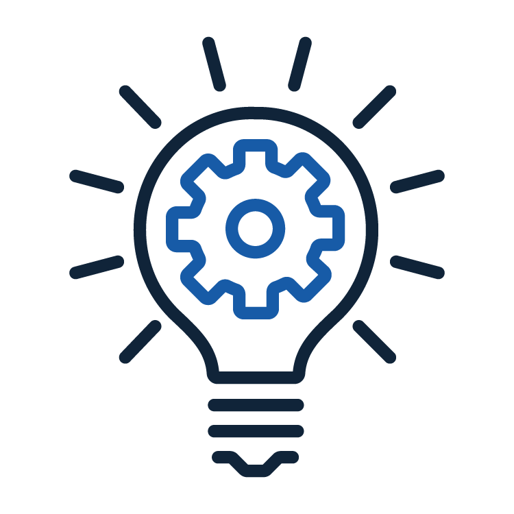 Icon of a light bulb in dark blue with a gear in light blue in the middle.