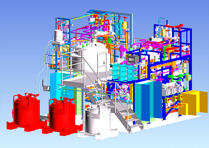 3D-image of production plant, including platform with stairs, vessels, piping, cabinets
