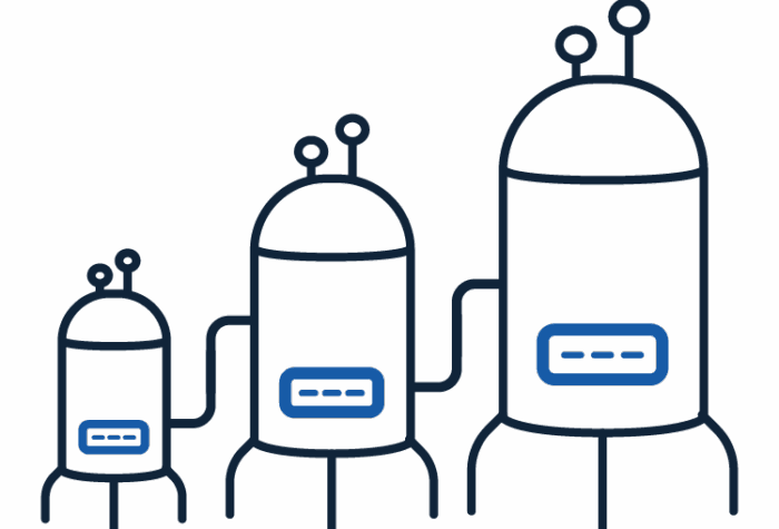 Icons of tree bioreactors in dark blue of three different sizes standing next to each other