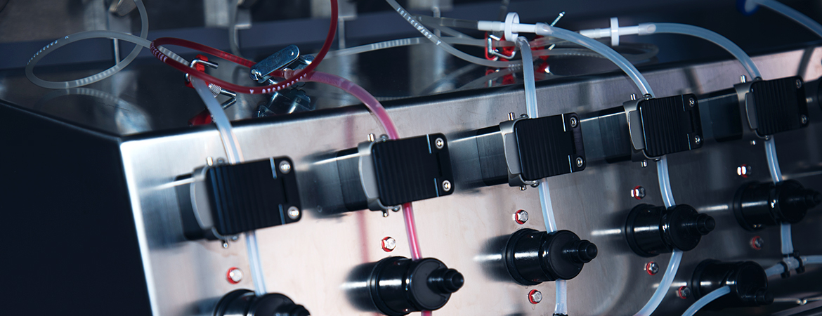 Section of a panel with single use hoses and valves