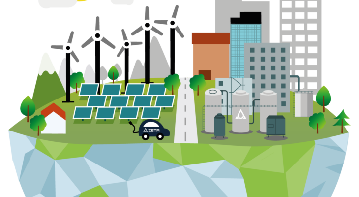 Illustration of a sustainable city concept featuring wind turbines, solar panels, industrial buildings, and residential structures on a floating piece of land above water.