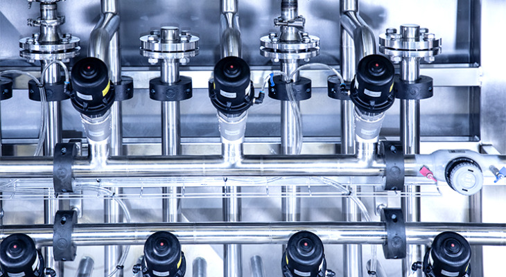 Detail from skid, consisting from piöes, hoses, valves