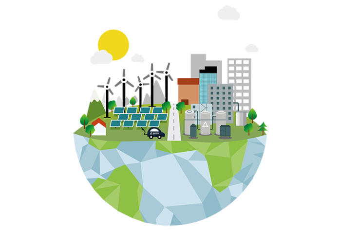 Illustration of a sustainable city concept featuring wind turbines, solar panels, industrial buildings, and residential structures on a floating piece of land above water.